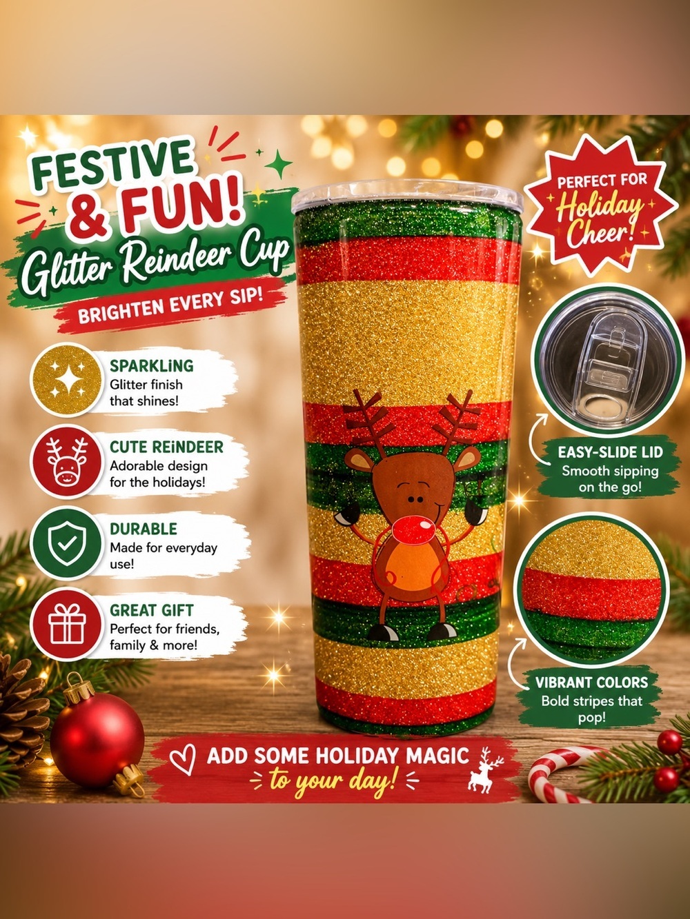 Holiday Reindeer Glitter Tumbler - Green, Red & Gold